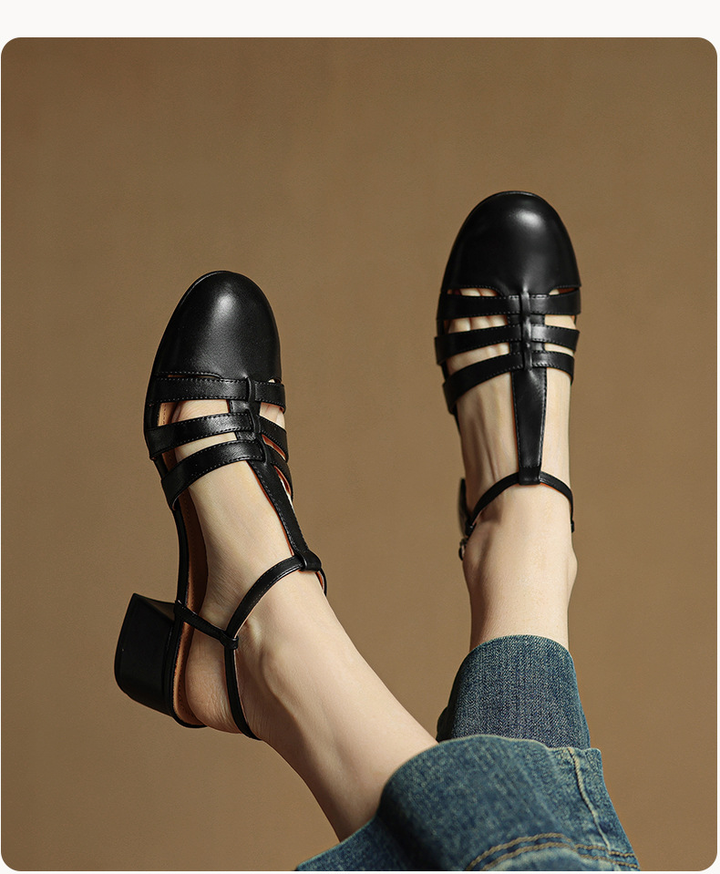 Sandal nữ da bò dệt rỗng mũi hở gót thô cao phong cách La Mã — màu nâu chi tiết 17
