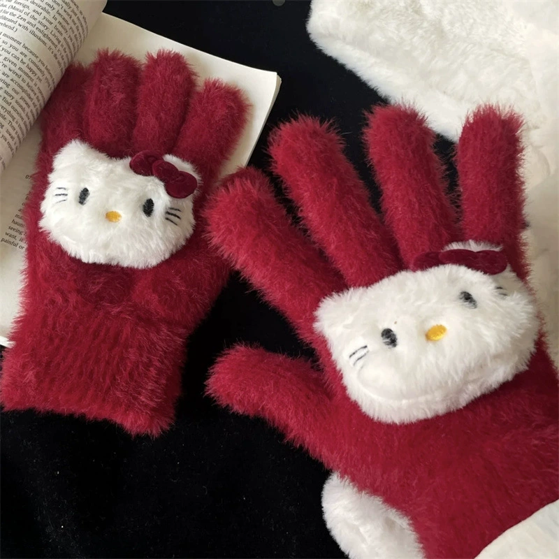 Зимние перчатки (Hello Kitty), искусственный кроличий мех, рождественский уютный красный, сенсорное управление