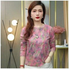 一件代发 2025秋季新款时尚印花减龄洋气女士T恤衫妈妈显廋打底衫