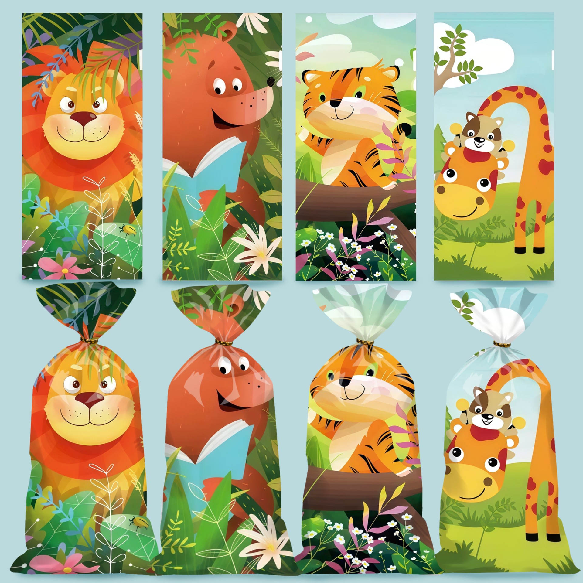 新款卡通丛林动物四合一糖果饼干节日派对伴手礼袋子礼品袋塑料袋
