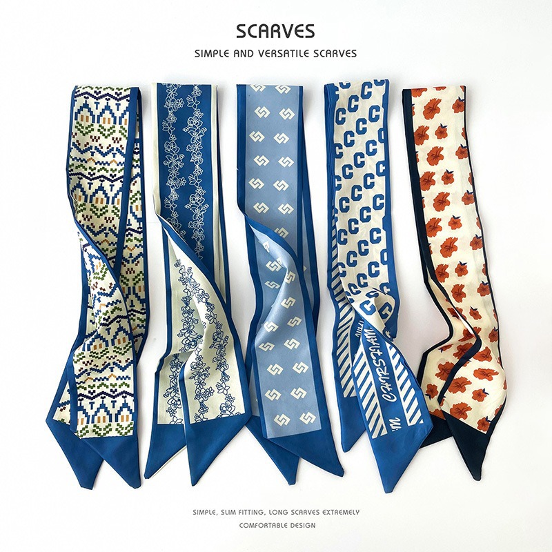Bufandas de seda delgadas y largas para mujeres primavera y verano multifuncional bolsas de pelo atadas de pañuelo decorado correa de pelo tocado de correa