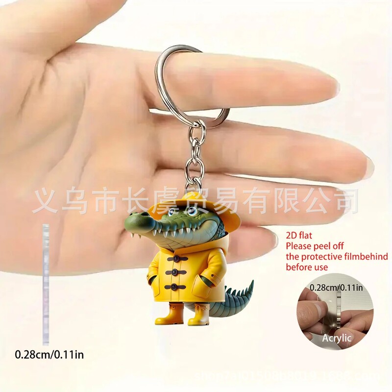 Cartoon Cute 2D Raincoat Crocodile Keychain Cross-Border New Acrylic Flat Bag Pendant Holiday Gift