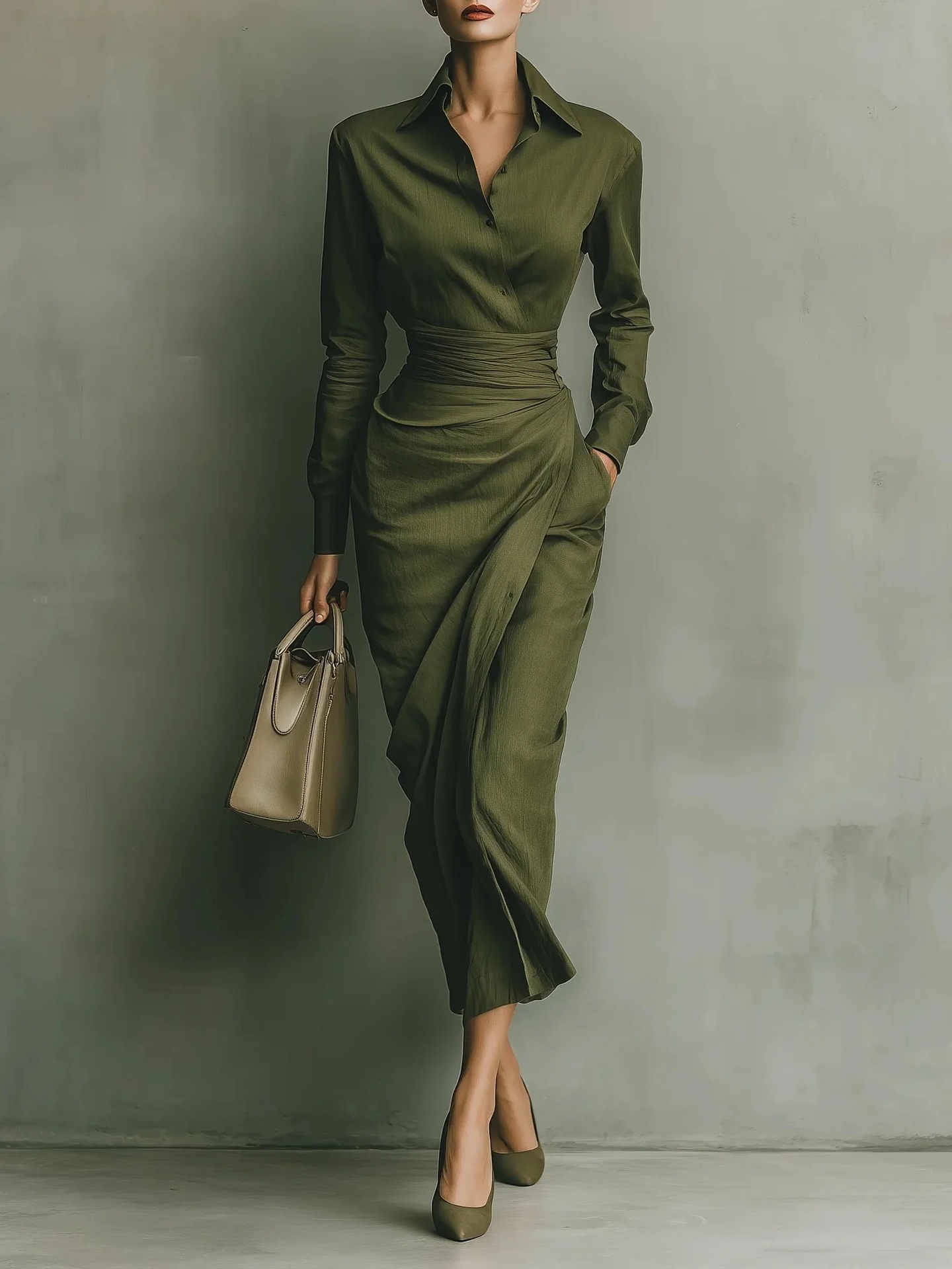 2025 European and American Fashion Amazon Independent Site Long Dress Shirt Collar Long Sleeve Pocket Solid Color Dress