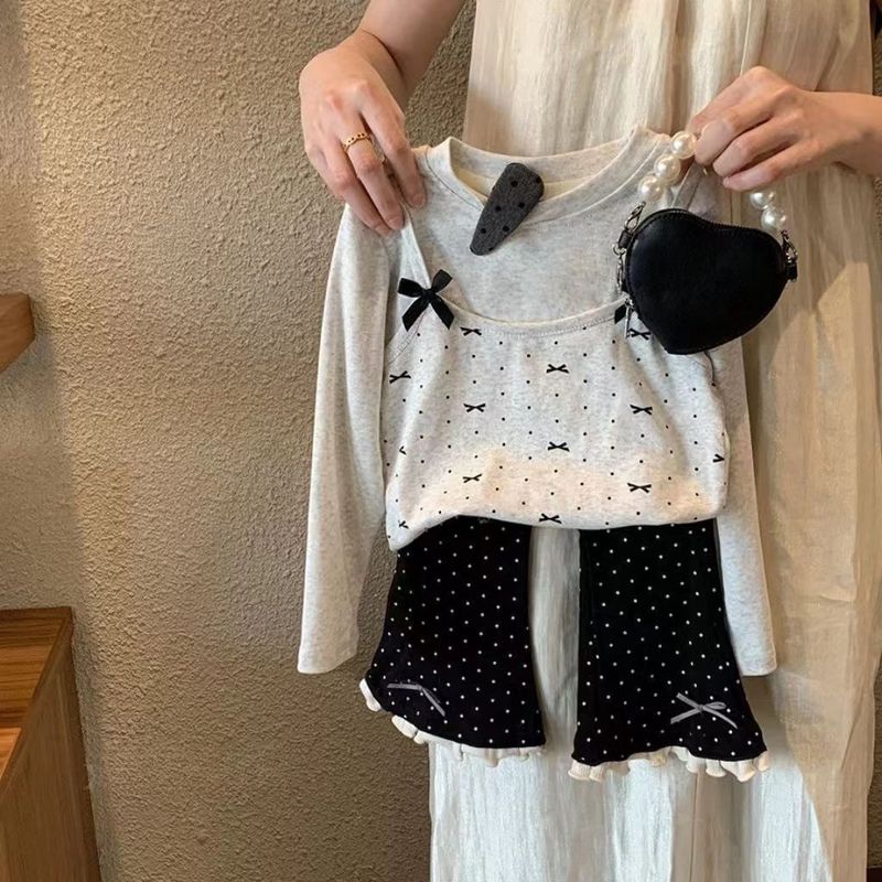 女童T恤2025春季中小童宝宝蝴蝶结假两件长袖上衣洋气喇叭裤套装|undefined