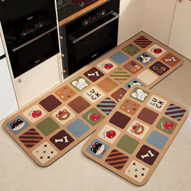Modern Style Cute Pet-Friendly Easy-Care Two-Piece Kitchen Floor Mat Set, Water and Oil Absorbent Diatomaceous Earth Mat, Cross-Border Shipping