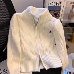 韓国系のレトロな絞りのスタンドカラーのセーターのコート秋冬の年齢を減らすファスナーの独特な刺繍のメリヤスのカーディガンの学院の上着