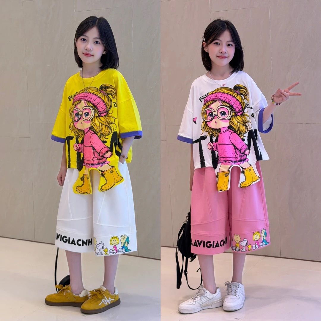 女童夏季趣味立体印花短袖恤套装新款韩版网红短裤两件套潮