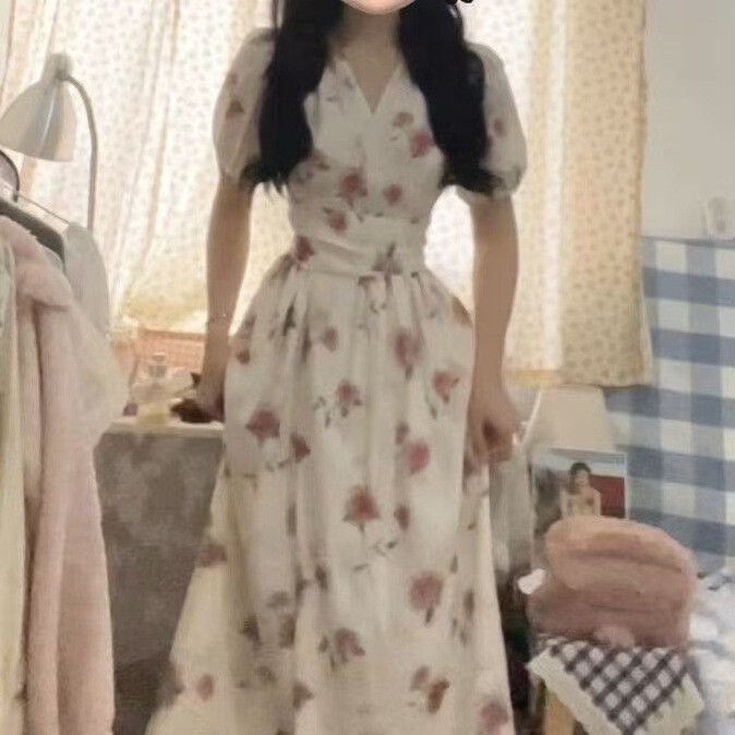 2025 Temperament Rose One-Piece Dress Summer Korean Style Simple Strap Short Sleeve Long Dress