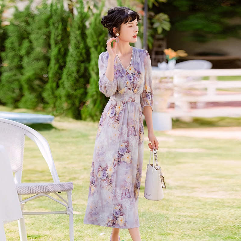 Feimengya リネンステッチシルクドレス女性の夏の高品質デザインマルベリーシルクプリントビーズロングスカート|undefined