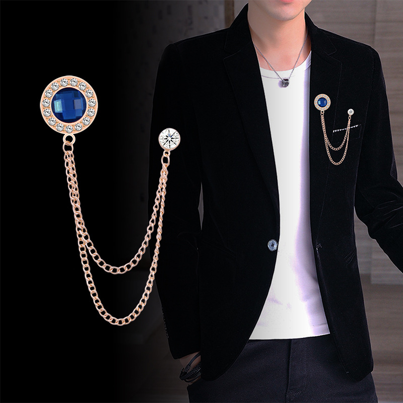 South Korea fashion round gem brooch men's tassel chain pin personalized suit coat accessories factory wholesale