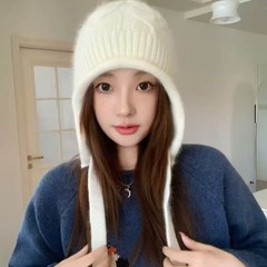 2025高品质兔绒羊毛新款大弹力帽子女护耳系带毛线针织复古雷锋帽