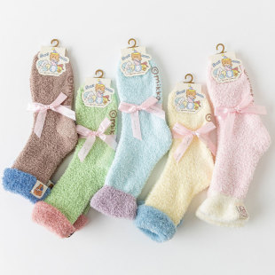 Coral Fleece Socks Women's Winter Cute Cartoon Cloth Label Mid-tube Socks Thickened Warm Floor Socks Plush Fleece Sleep Socks