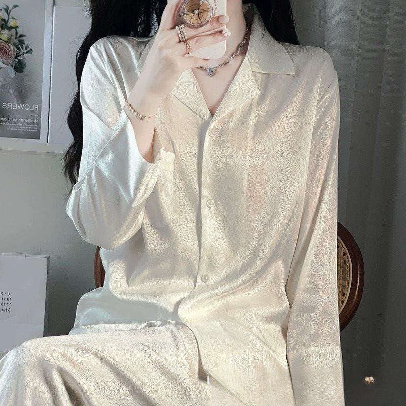 여성을위한 고급 얼음 실크 잠옷 봄과 가을 긴팔 새로운 고급 모조 실크 여름 홈웨어 세트
