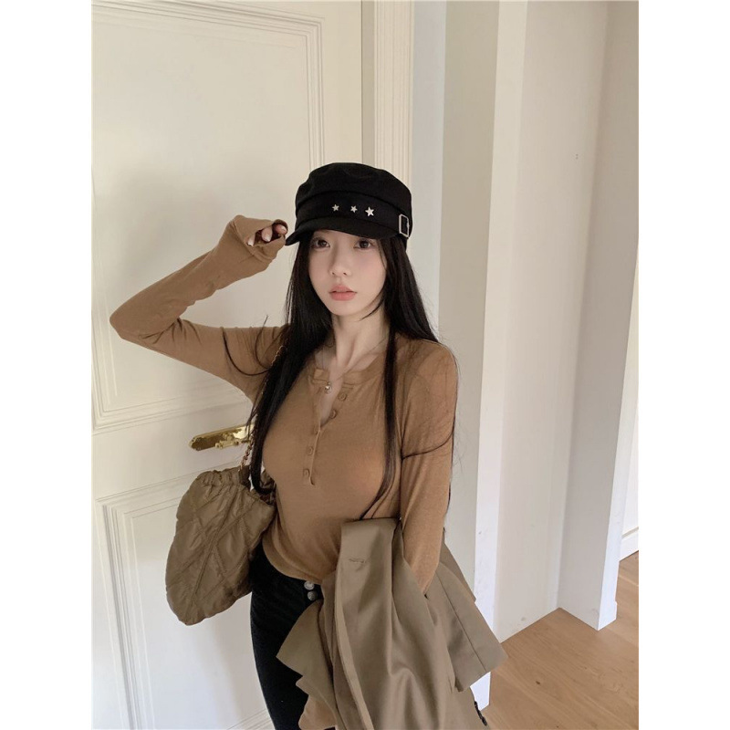 ホットガールパープル長袖右肩シャツ女性のための初春と秋の新しい韓国スタイルのスリムボトムシャツインナートップ|undefined
