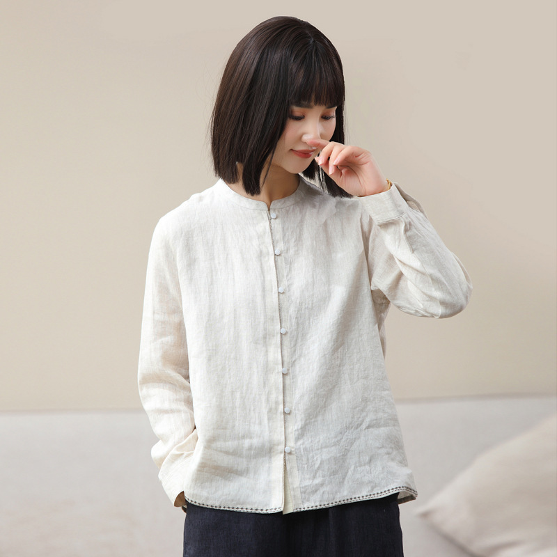 Early Spring New Style 60-Count Hemp Rain Dew Hemp Round Neck Long-Sleeve Artistic Casual Loose Shirt 5017
