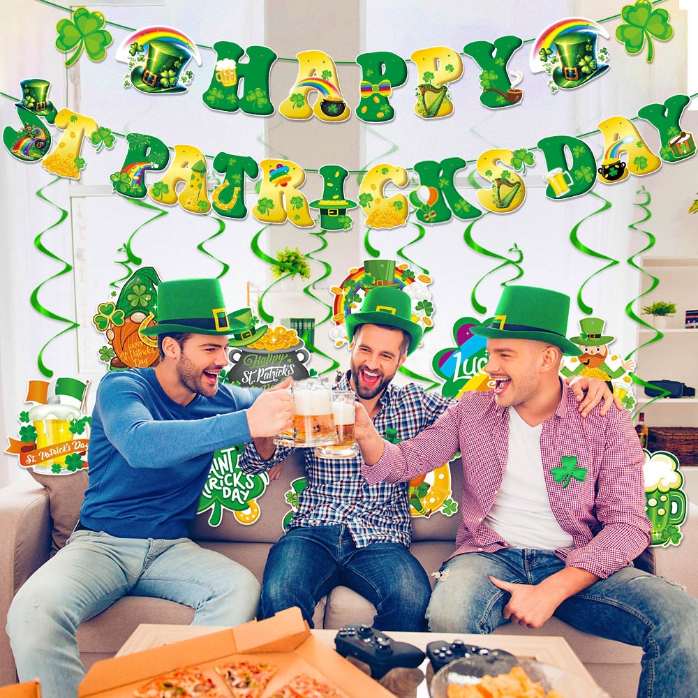 2025 transfronterizo día de San Patricio decoración bandera de trébol espiral fiesta irlandesa decoración tira bandera