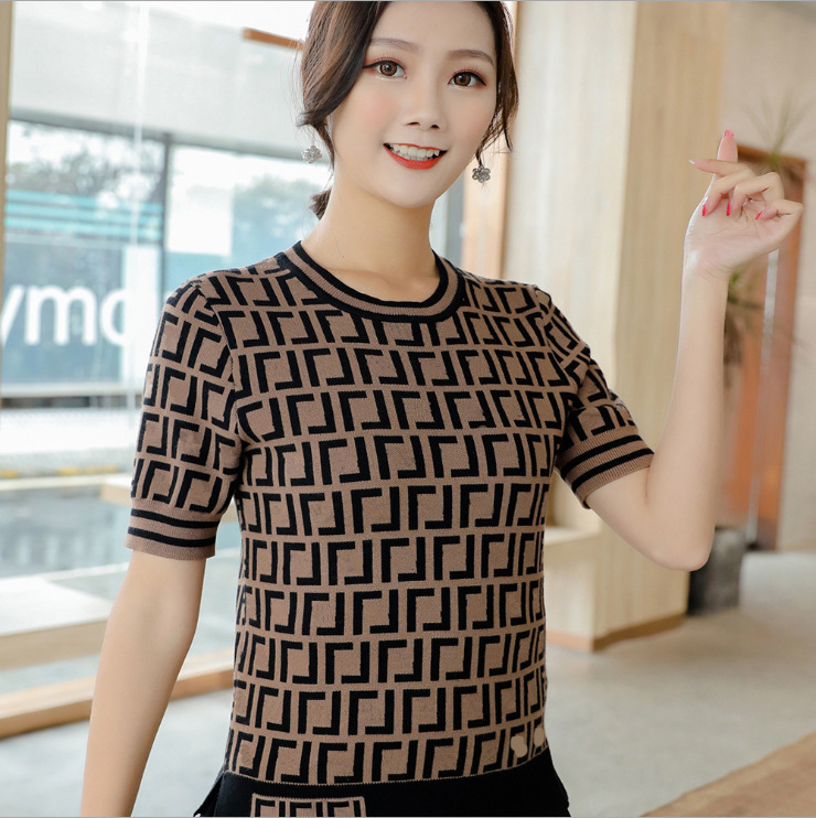 Cross-Border High-End Version of the New Classic Short-Sleeved Slim-Fit Patterned Sweater with Double Ff Letter Jacquard All Over, Round-Neck Knitwear