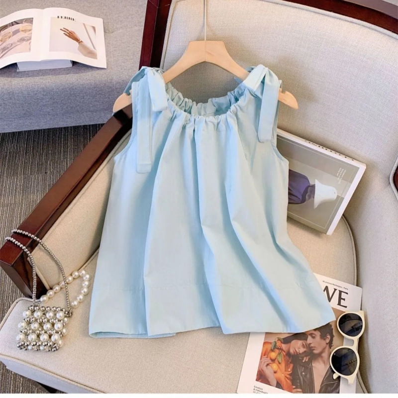 Dopamine Blue Short Top for Women Summer French Chic Sweet and Spicy Outfit Babydoll Shirt Vest Sleeveless Suspender