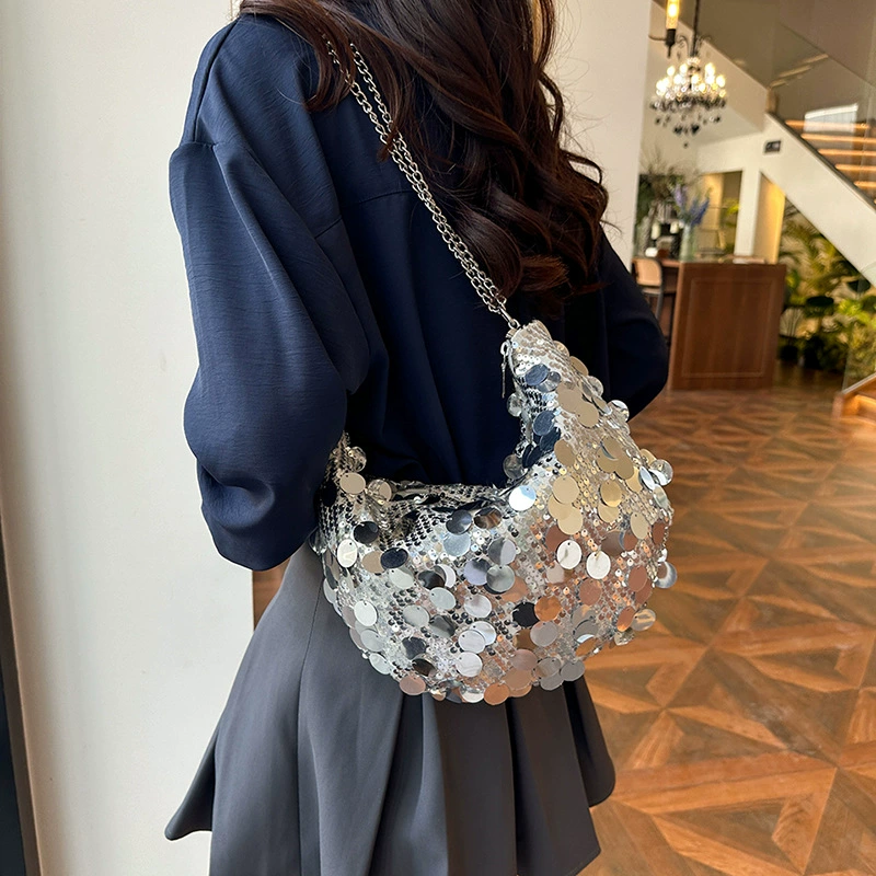 Shoulder Bag Sequin Moon Shape, Chain Strap, Metallic Sequins, 21×3×20 cm