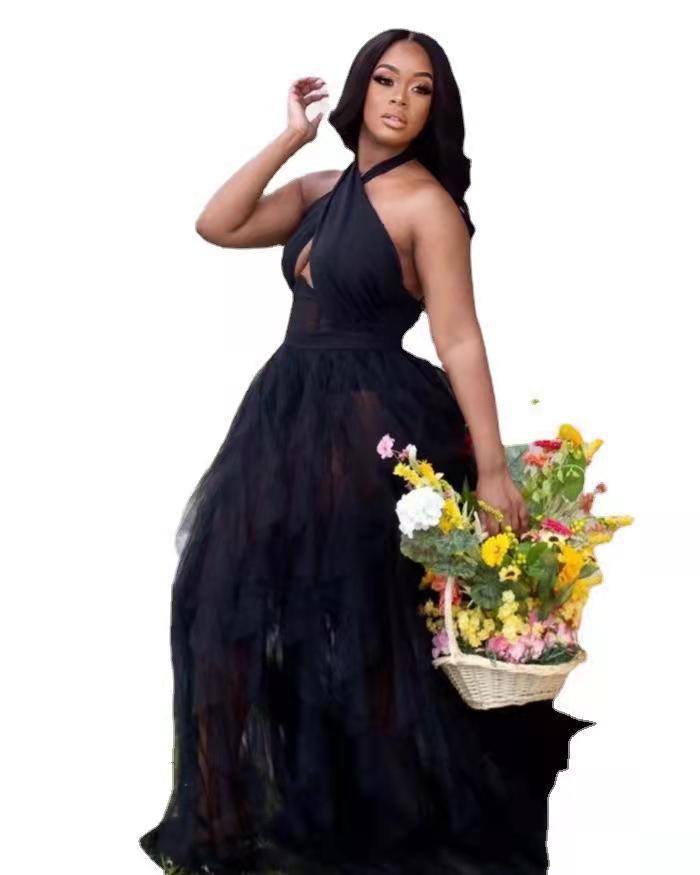 Elegant V-Neck Mesh Ball Gown Corset Lace-Up Bustier Flared Tulle Skirt for Prom Party Wedding Pink Black S-XXL_ecoleips.com