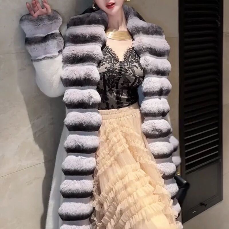 2025 Winter Luxury Style Chinchilla Imitation Mink Elegant New Fashionable Wasteland Style Long Fur Coat with Lapel for Women