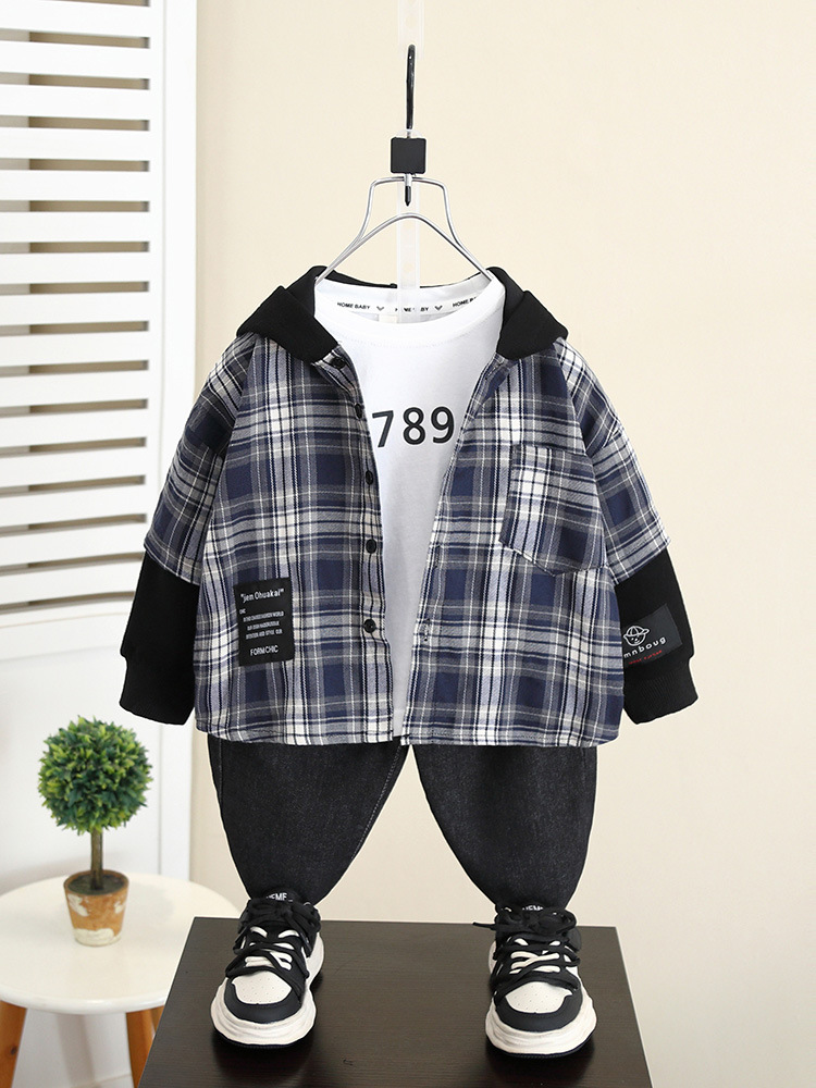 5989 Chaqueta de camisa con capucha de otoño para niños 2024 Nueva camisa a cuadros de manga larga de primavera y otoño para niños image 1