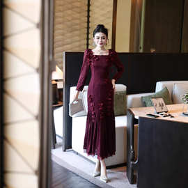 高级晚礼服显瘦2025秋高端奢华钉珠亮片喜婆婆妈妈鱼尾包臀连衣裙