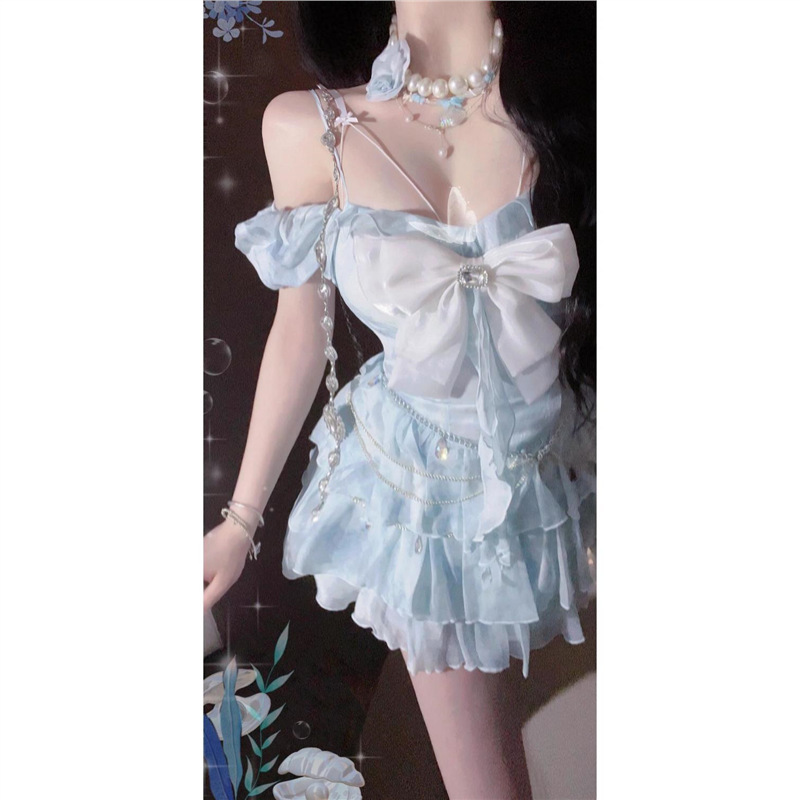 甜美仙气风蝴蝶结吊带连衣裙女夏季不规则收腰减龄海边度假裙短裙|undefined