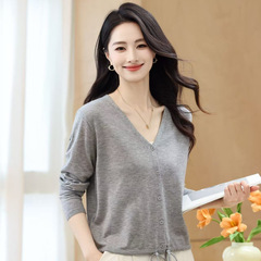 琪镌绘制秋季新款侧边抽绳针织开衫V领女装长袖百搭显瘦宽松上衣