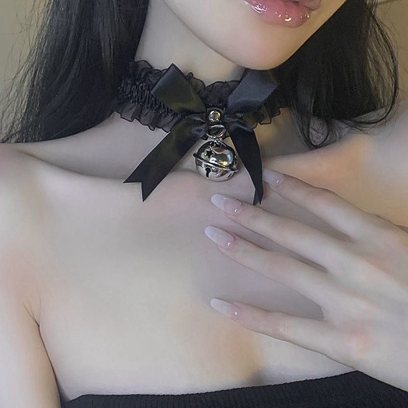 White Bow Cat Collar Necklace, Stainless Steel Choker with Bell, 30cm — detail image 4