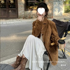 厂家直销麂皮西装外套女2025早春秋季新款皮衣美拉德棕色感小个子