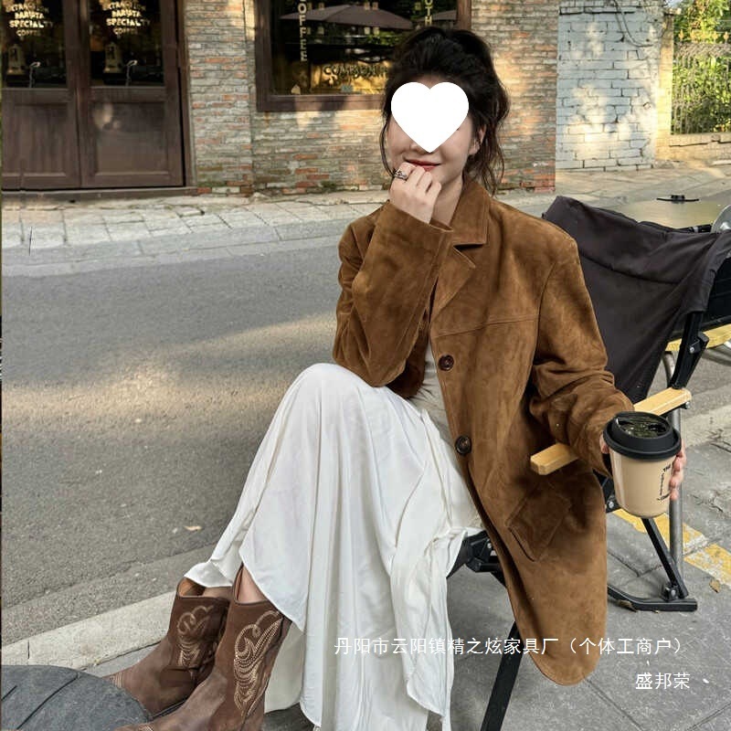 厂家直销麂皮西装外套女2025早春秋季新款皮衣美拉德棕色感小个子|undefined