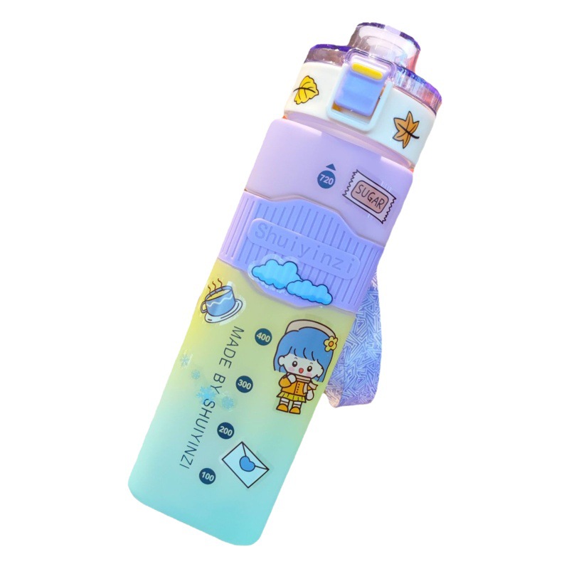 Tres colores del arco iris gradiente de color cuadrado deportes paja taza de agua de plástico portátil cuerda rebote escala botella de agua al por mayor