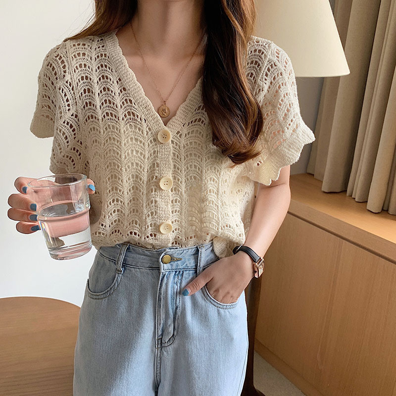 Knitted Chiffon Lace Pullover Long Sleeve Embroidered Mesh Stitching Women's Top Summer Thin Distinctive Slim