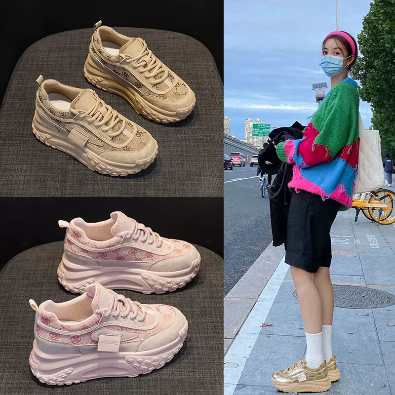 特殊帆布老爹鞋女2025春季新款休闲鞋法式圆头厚底增高休闲运动鞋
