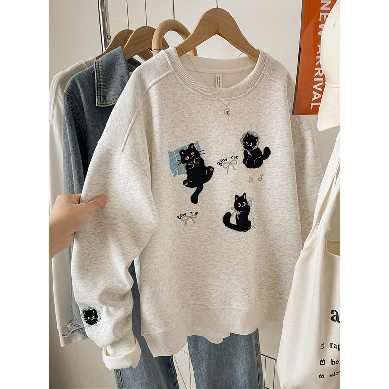 Korean Style Lazy Style Cat Embroider Hooded Sweatshirt for Women Loose Large Size Fat mm Popular Sweatshirt Top for Women A6459 Korean Style Lazy Style Cat Embroider Hooded Sweatshirt for Women Loose Large Size Fat mm Popular Sweatshirt Top for Women A6459
