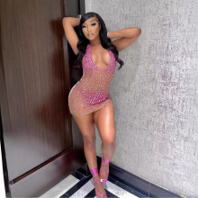 D85062022夏季新款彩色大钻高温整烫连衣裙裹胸吊带露背现货款