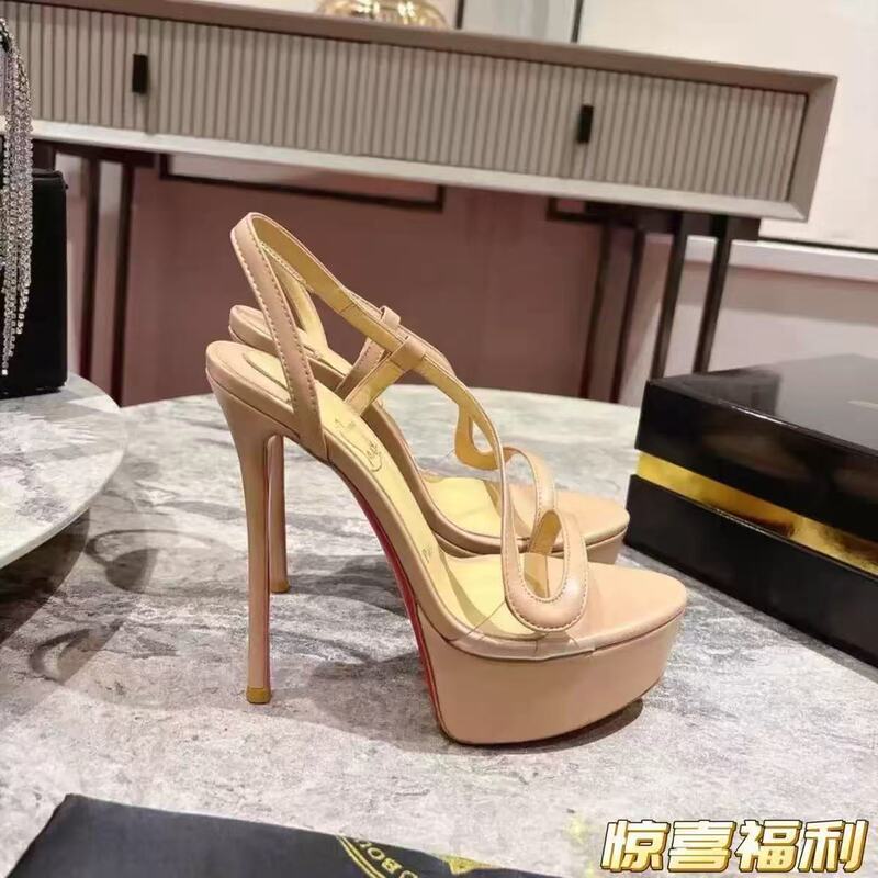 2025 Summer New Nude Color One-Strap Platform Thin Heel High-Heeled Sandals for Women, Light Luxury European and American Style, Genuine Leather Fashion 2025 Summer New Nude Color One-Strap Platform Thin Heel High-Heeled Sandals for Women, Light Luxury European and American Style, Genuine Leather Fashion