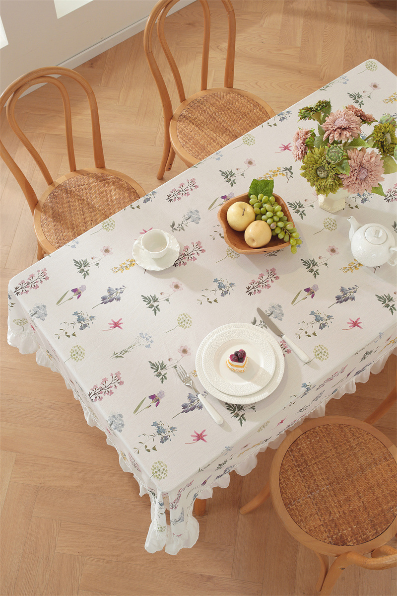 Cotton Printed Green Floral Tassel Tablecloth For Dining Table_voghion.com