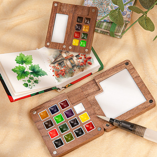 ♤ Mini Watercolor Paint Box and Small Notebook Shimingke 8-Color Wooden Box Chinese Style Mini Small Drawing Board Solid Watercolor