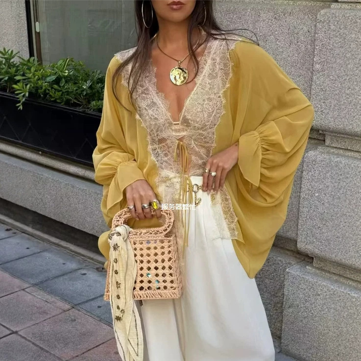 Cross-border European and American women's fashion INS2026 stylish long-sleeve asymmetrical transparent lace patchwork shirt Cross-border European and American women's fashion INS2026 stylish long-sleeve asymmetrical transparent lace patchwork shirt
