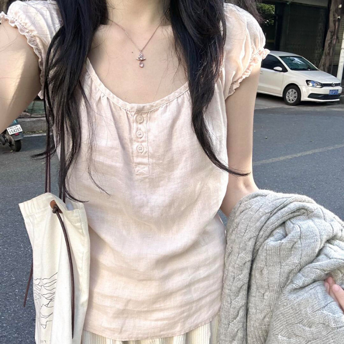 温柔甜美浅粉色纽扣U领短袖T恤女夏季修身显瘦泡泡袖上衣|undefined