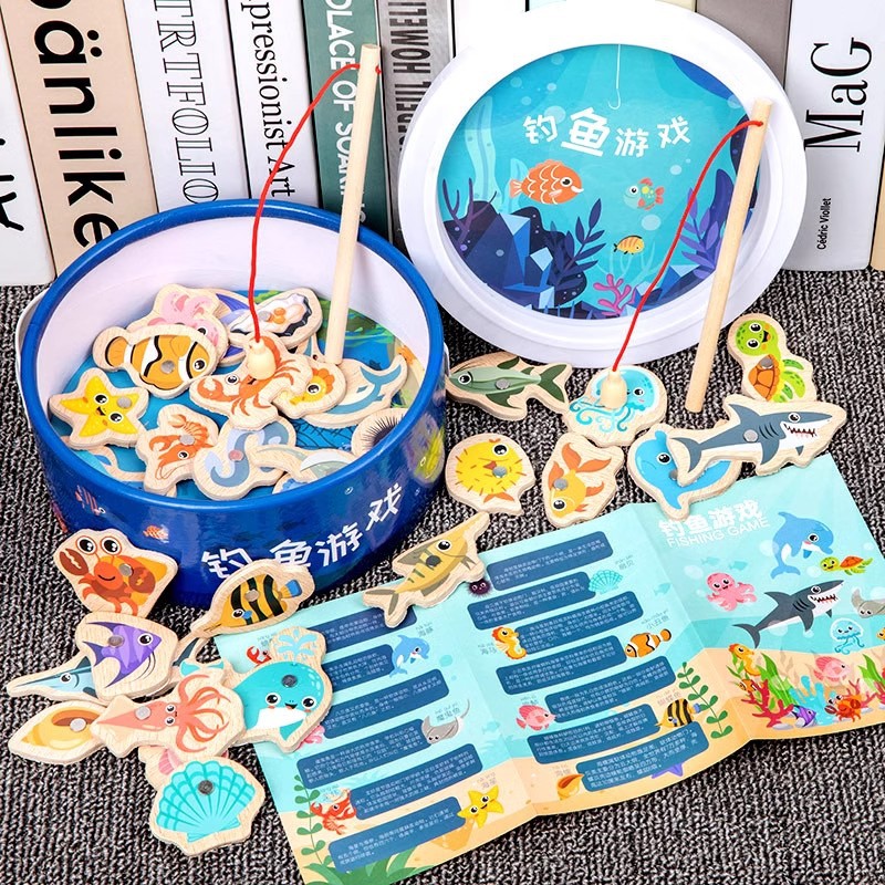 Juguetes de pesca magnética de madera, niños pequeños, bebés, diversión cognitiva, peces pequeños magnéticos, educación temprana, inteligencia, juegos para padres e hijos