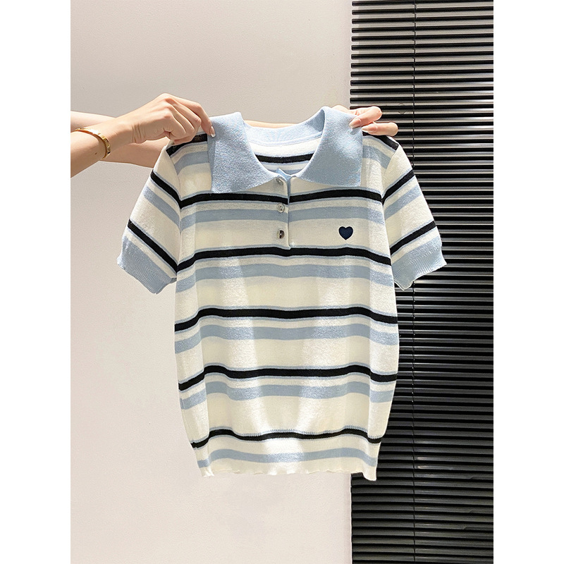 Korean-Style College Style Polo Collar Contrast Striped Knit Shirt for Women, New Summer Model with Heart Embroidery, Short-Sleeve Top
