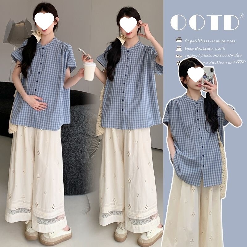 French-Style Light Blue Plaid Short-Sleeved Shirt, New Summer Maternity Wear, Large Size, Fresh, Unique, Chic, Mid-Length French-Style Light Blue Plaid Short-Sleeved Shirt, New Summer Maternity Wear, Large Size, Fresh, Unique, Chic, Mid-Length