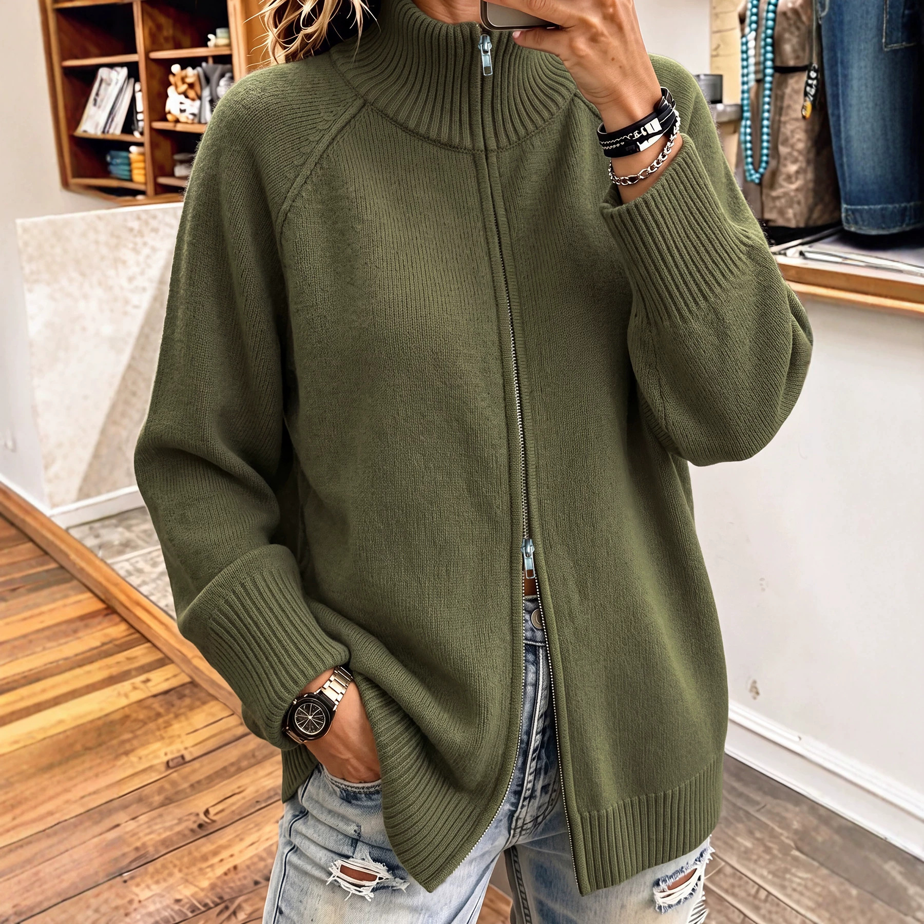 Cross-border bestseller: European and American plus-size autumn and winter women's stand-up collar zip-up knitted cardigan with raglan sleeves and loose long sleeves