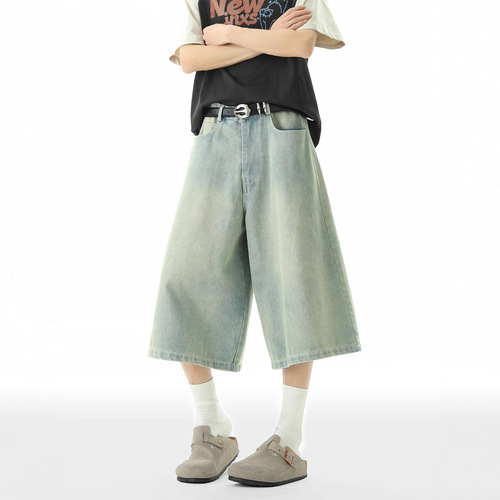 American Washed Denim Short Shorts for Men Summer 2025 Trend Brand Loose Casual Straight Leg Slim-Fit Seven-Eighth Pants