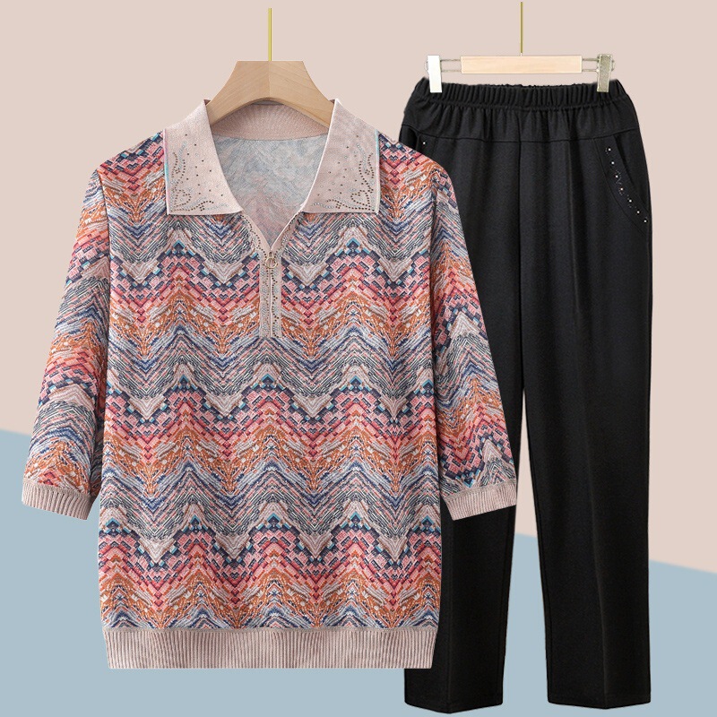 Mom's Spring and Summer T-Shirt Tops for Middle-Aged and Elderly Women, Mid-Sleeve Lapel Set, Grandma's Summer Loose Clothing for the Elderly Mom's Spring and Summer T-Shirt Tops for Middle-Aged and Elderly Women, Mid-Sleeve Lapel Set, Grandma's Summer Loose Clothing for the Elderly