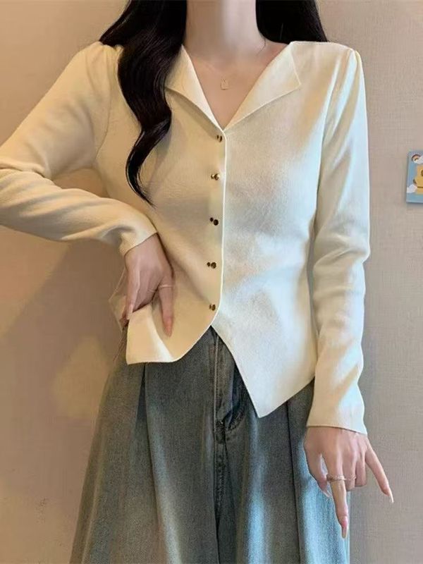 半开领长袖针织开衫女春秋大码胖mm高级感V领打底衫短款气质上衣|undefined