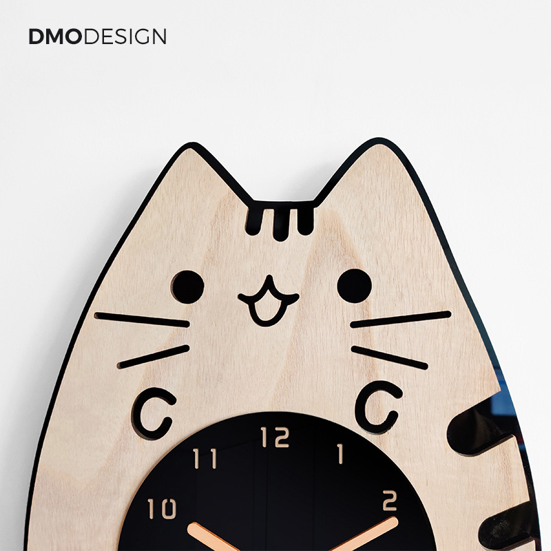 Reloj de pared de cola de gato Reloj de pared de dibujos animados de madera Reloj mudo Habitación de los niños Dormitorio Reloj creativo Reloj de oscilación